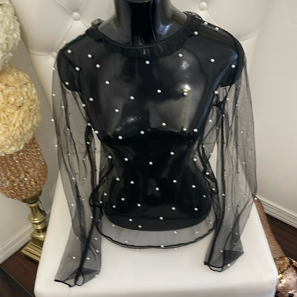 Women’s black see through top with pearl embellishment